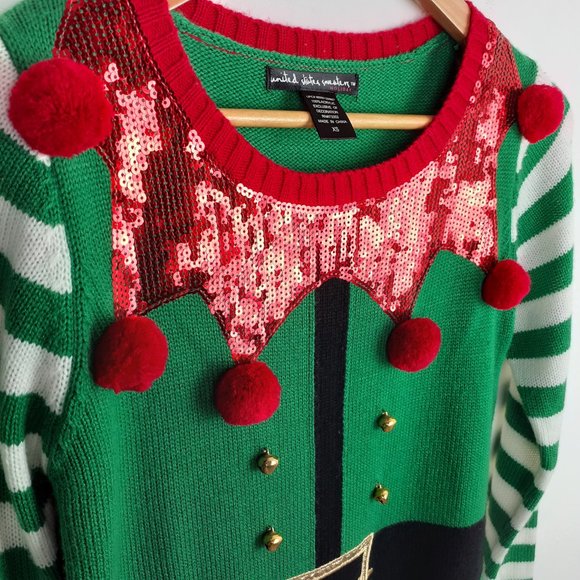 Ugly Sweater Dress Christmas Elf Size XS. Red Green White Sequins jingle bells - Picture 1 of 9